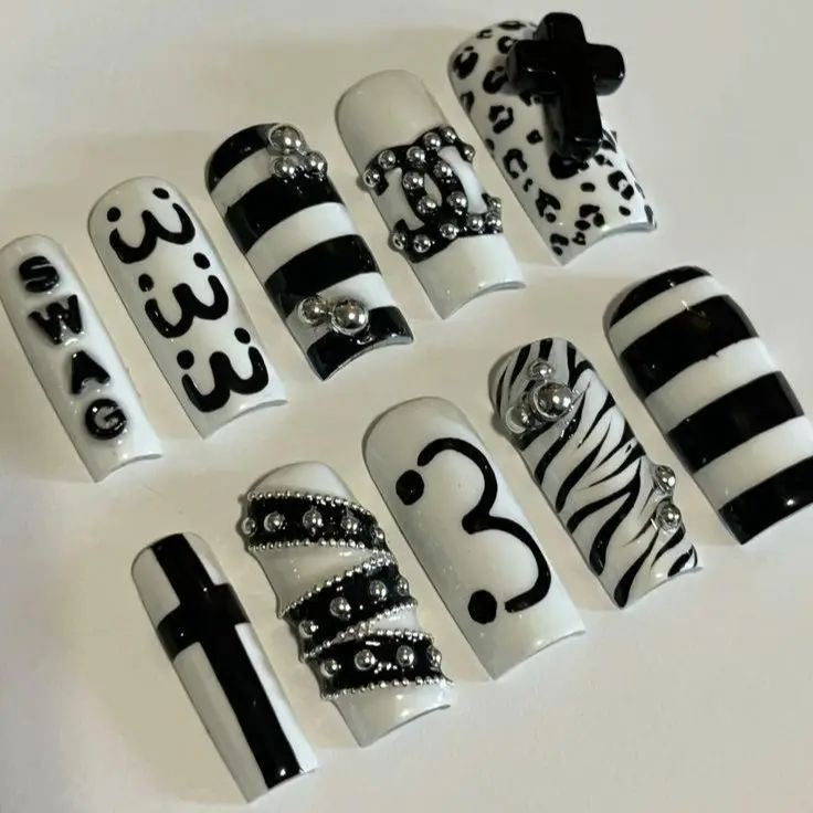 Black White Press On Nails, Gothic Cross Nail Set, Zebra Leopard Print Nails, Grunge Punk Style