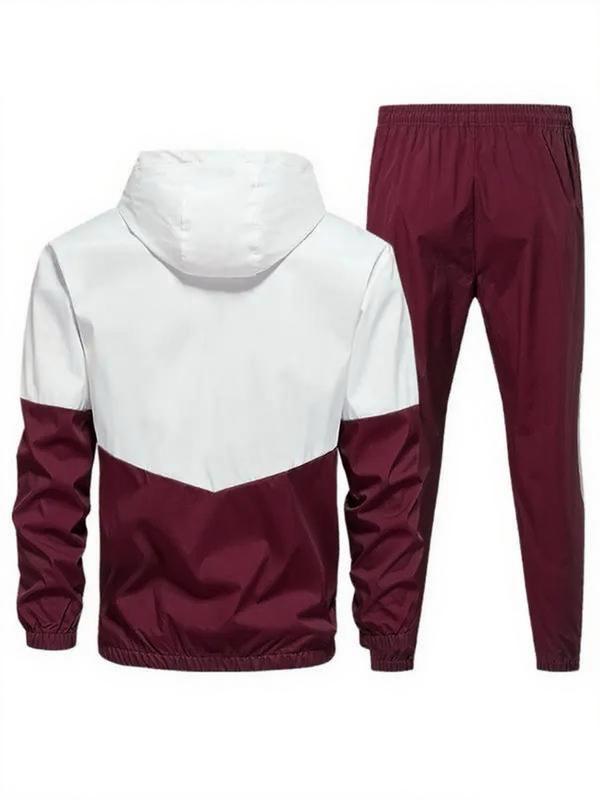 KZZ Men's Colorblock Drawstring Zip Up Hoodie & Joggers French Terry Set Casual Athletic Long Sleeve Hooded Jacket & Trousers for Fall Winter Men's Clothing for Daily Wear Summer Sportswear Indoor Outdoor Tracksuit