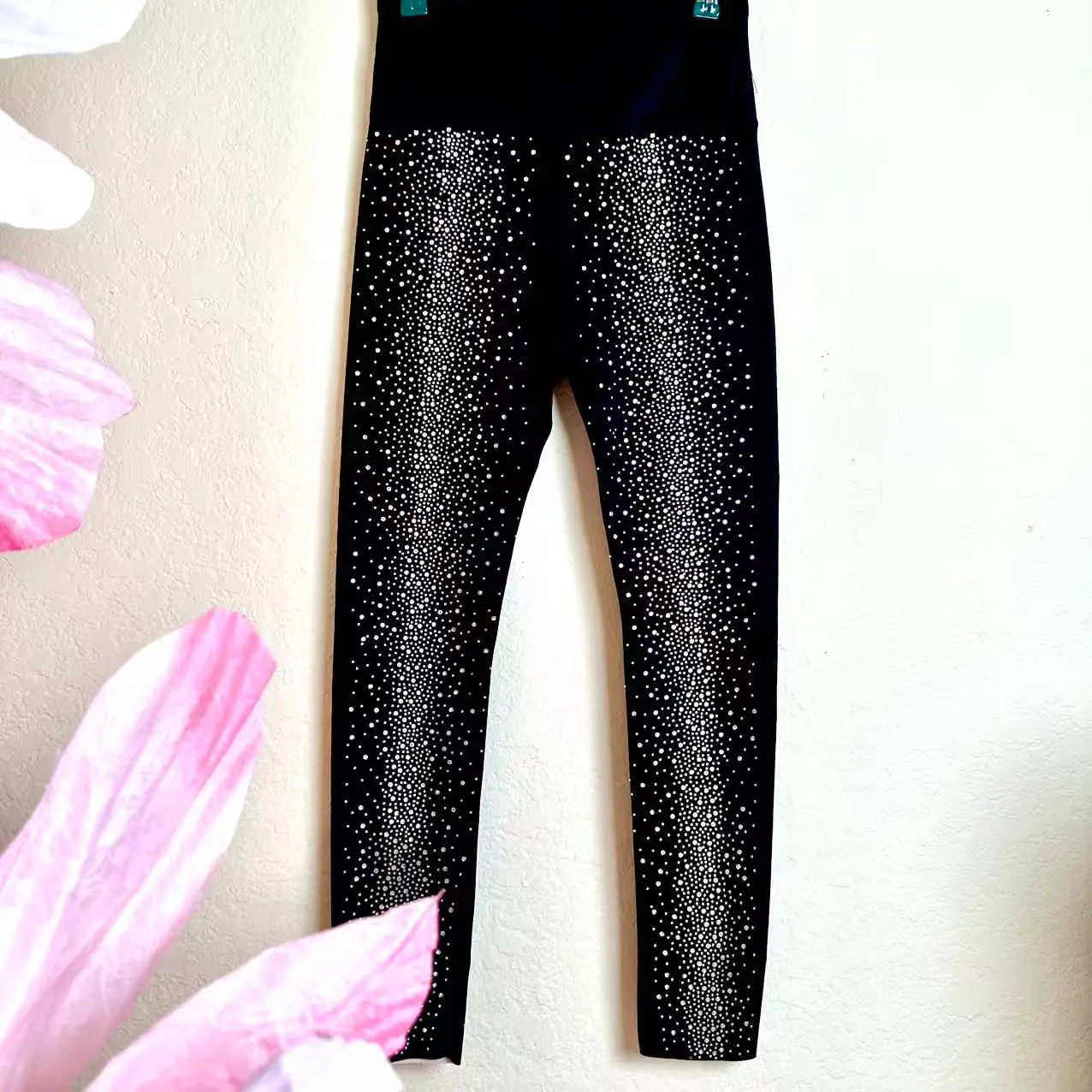#168Luna Sparkle  Black Starry sky pattern rhinestone embellished stretchy leggings with thin fleece lining. Everyday Outfit Pants Womenswear