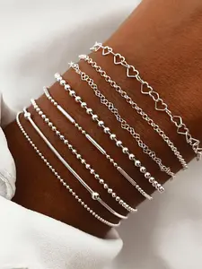 8pcsWomen's Fashionable Heart Bead Bracelet Set, Zinc Alloy Material, Geometric Pattern Design, All-Season Wear, Boho Style Accessory