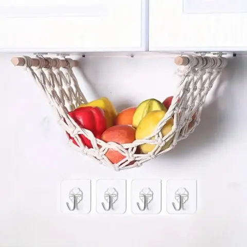 Hanging Fruit Basket, Wooden Hanging Fruit Storage Basket with 4 Hooks, Creative Fruit & Vegetable Hammock for Home Kitchen, Cascading Fruit Baskets