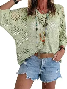 Women's 100% Cotton Crochet Sweater Boho V Neck Hollow Out Knit Tops Summer Beach Cover Up Shirts Oversized