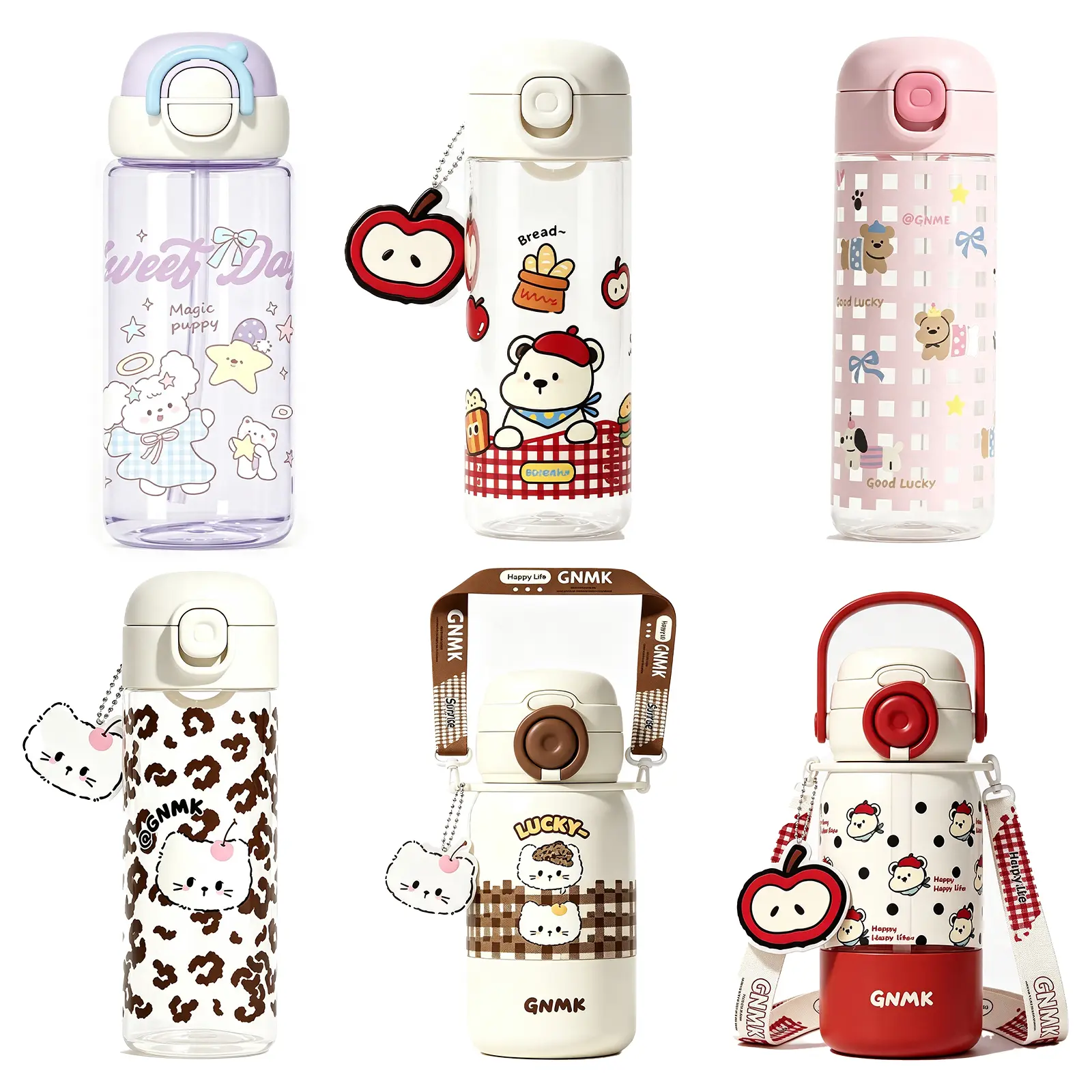 6Pcs Multi-Styles Kawaii Cartoon Plastic Water Bottle Collection, BPA Free Leak Proof Flip Straw Drinking Cup with Carry Strap & Cute Pendant, Portable Reusable Sports Water Bottle for School Travel Gym Camping Boys Girls Daily Use