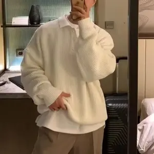 Men’s Japanese-Style Casual Oversized Polo-Collar Sweater, American Retro Solid Color, Premium Quality, Ideal as an Inner Layer