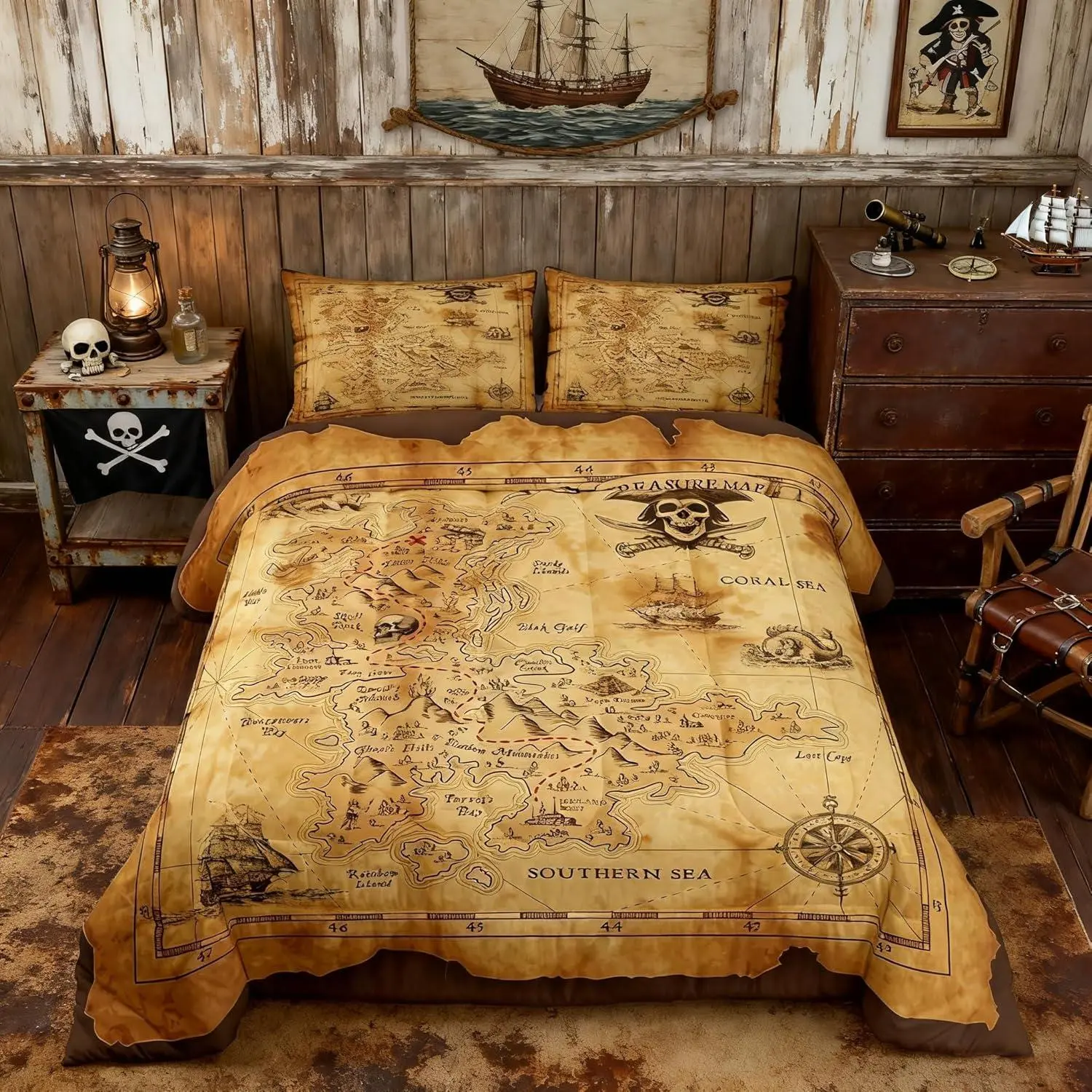 Nautical Map Comforter Set,Pirate Boat Compass Bedding Set,Adult Bedroom Decor Ocean Adventure Quilt Set Vintage Brown Duvet Insert