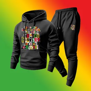 Men's 2-Piece Minimalist Black History Month Print Polyester Hoodie & Drawstring Sweatpants Set - Loose, Long-Sleeve Mensfashion, Breathable Casual Outfit Set for Fall, Winter Wear