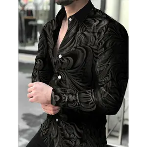 [Geometric Print Shirt] Geometric Long Sleeve Shirt - Men's Lapel Button Up for Spring Fall Outdoor Activities Party Gift