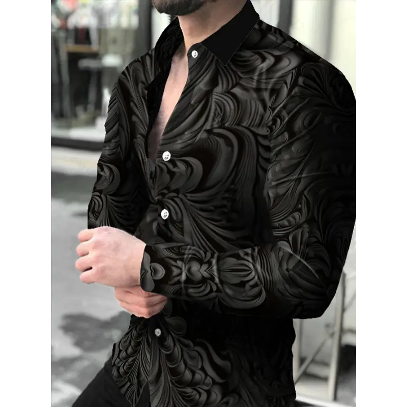 [Geometric Print Shirt] Geometric Long Sleeve Shirt - Men's Lapel Button Up for Spring Fall Outdoor Activities Party Gift