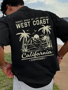 Men's West Coast California Sunset Beach T-Shirt, Retro Los Angeles Surfriders Graphic Short Sleeve Crew Neck Tee