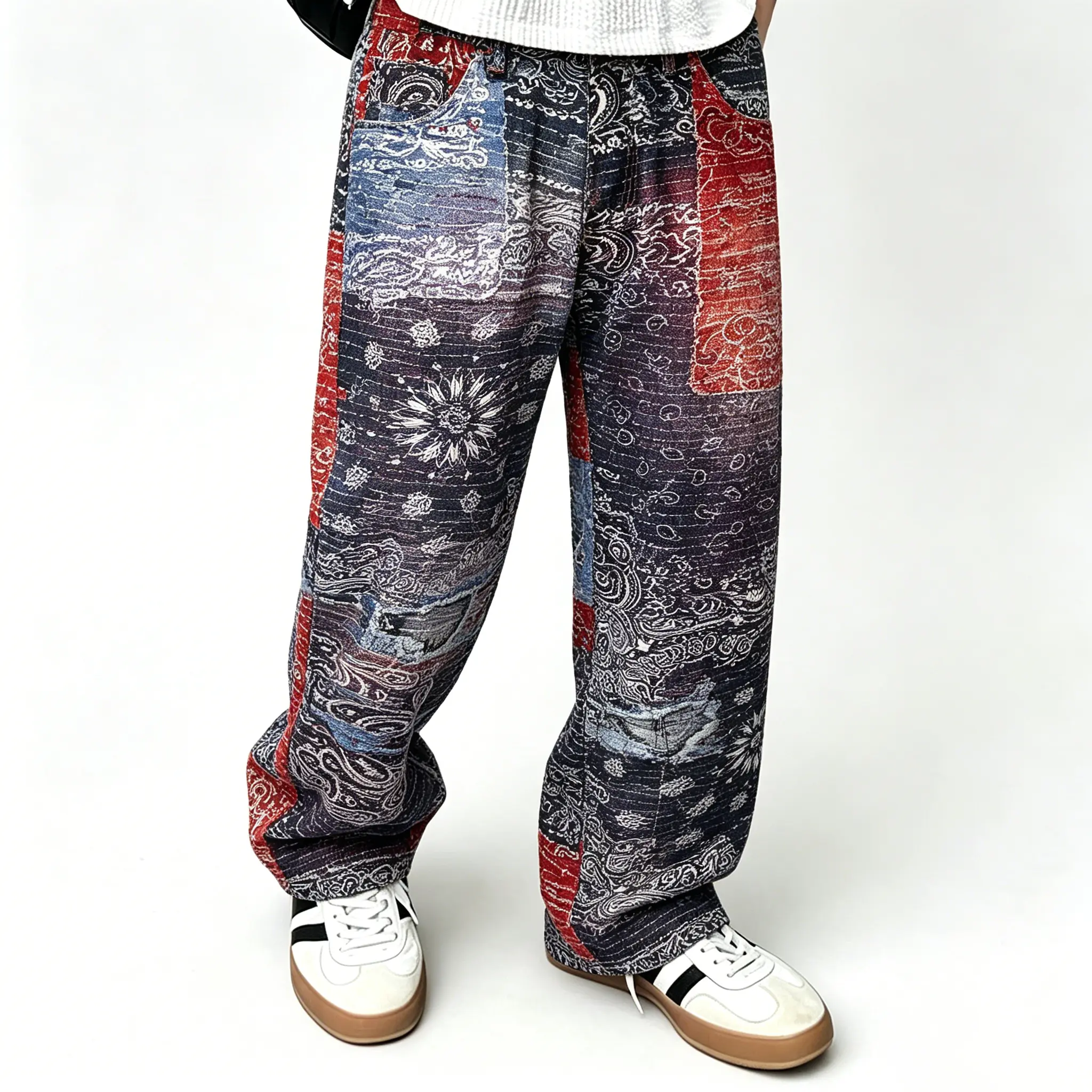 Men's Mid-Waist Baggy Straight-Leg Jeans - Unisex Heavy Wear-Resistant Denim, All-Over Multi-Tone Vintage Patchwork Paisley Bandana Print, Button-Fly Ankle-Length, Preppy West Coast Hip Hop Retro Vibe Pants