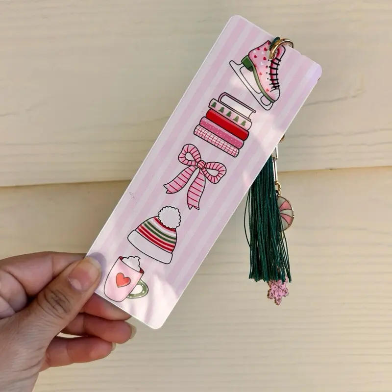 Pink Skater Girl Winter Bookmark with Charms Cute Holiday Bookmark Featuring Striped Design and Tassel Charm