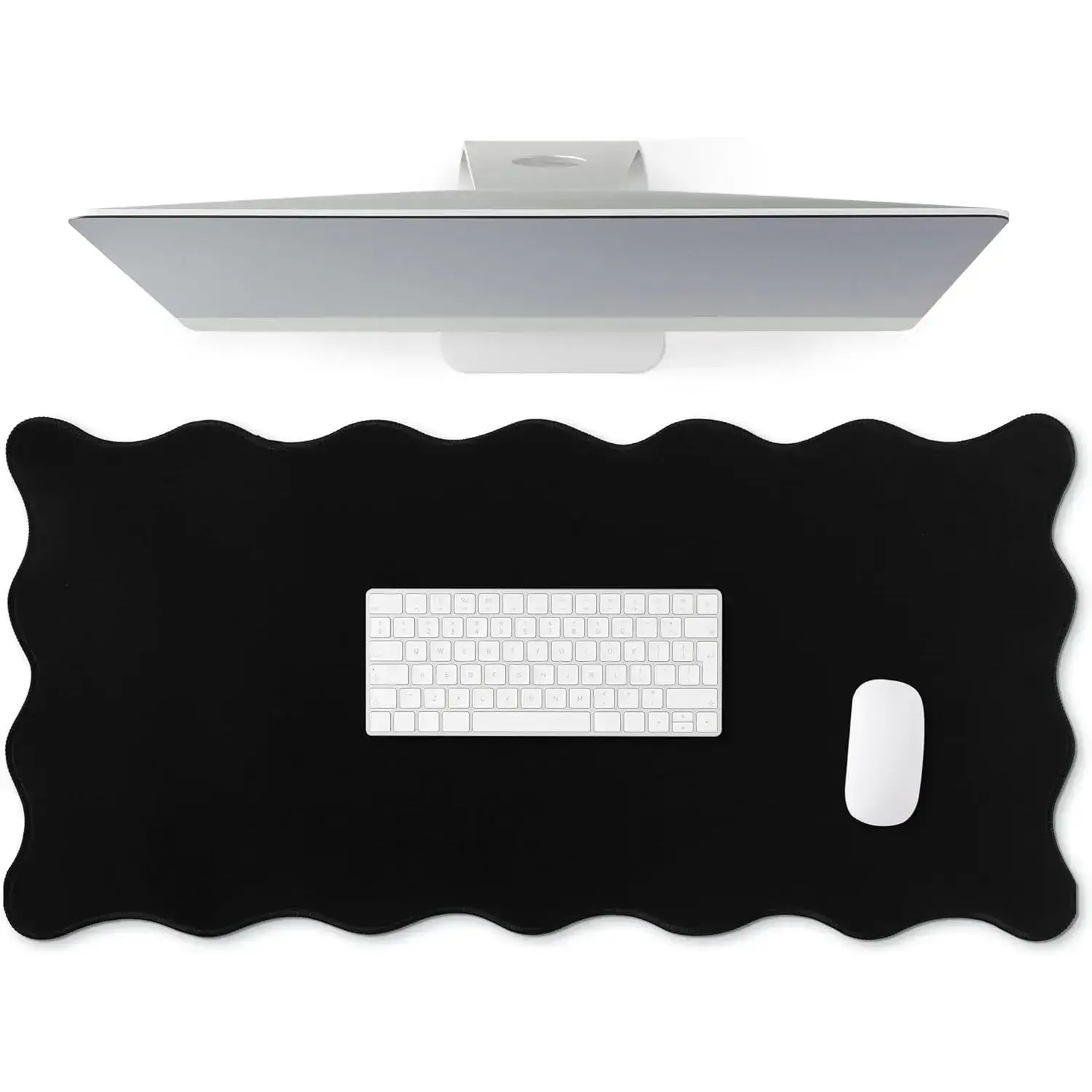 Large Scalloped Piping Desk Mat - Office Girly Desk Accessories, Nonslip Waterproof Edge-Stitched Table Pad, Rubber Feels Solid Under Hands, Desktop/Tabletop/Large Mouse Pads & Blotters (Black, 31.5x15.75in)