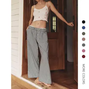 Danedvi Womens Boxer Pants Striped Lounge Pajama Bottoms Elastic High Waisted Wide Leg Trousers with Pockets Black Fabric