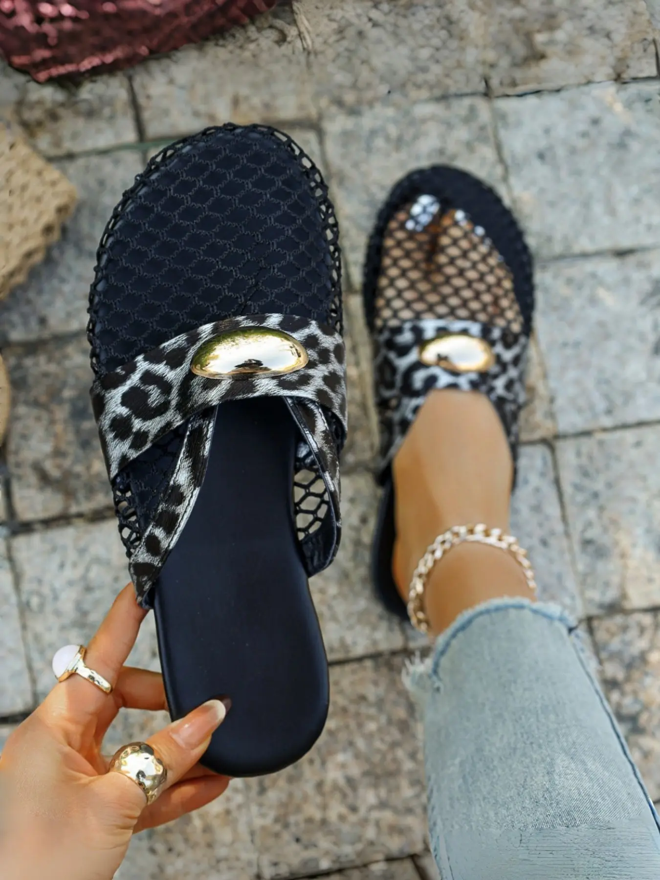 Women's Fashion Mesh Fishnet Mule Flats, Shoes Mules, Breathable Hollow Slip-On Unique Sandals with Metal Decor, Leopard Print Ballet Style Slippers, Comfortable Non-Slip Durable Sole, Versatile Spring Summer Essential Shoes for Casual Wear, Work, Beach