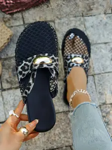 Women's Fashion Mesh Fishnet Mule Flats, Shoes Mules, Breathable Hollow Slip-On Sandals with Metal Decor, Leopard Print Ballet Style Slippers, Comfortable Non-Slip Durable Sole, Versatile Spring Summer Essential Shoes for Casual Wear, Work, Beach