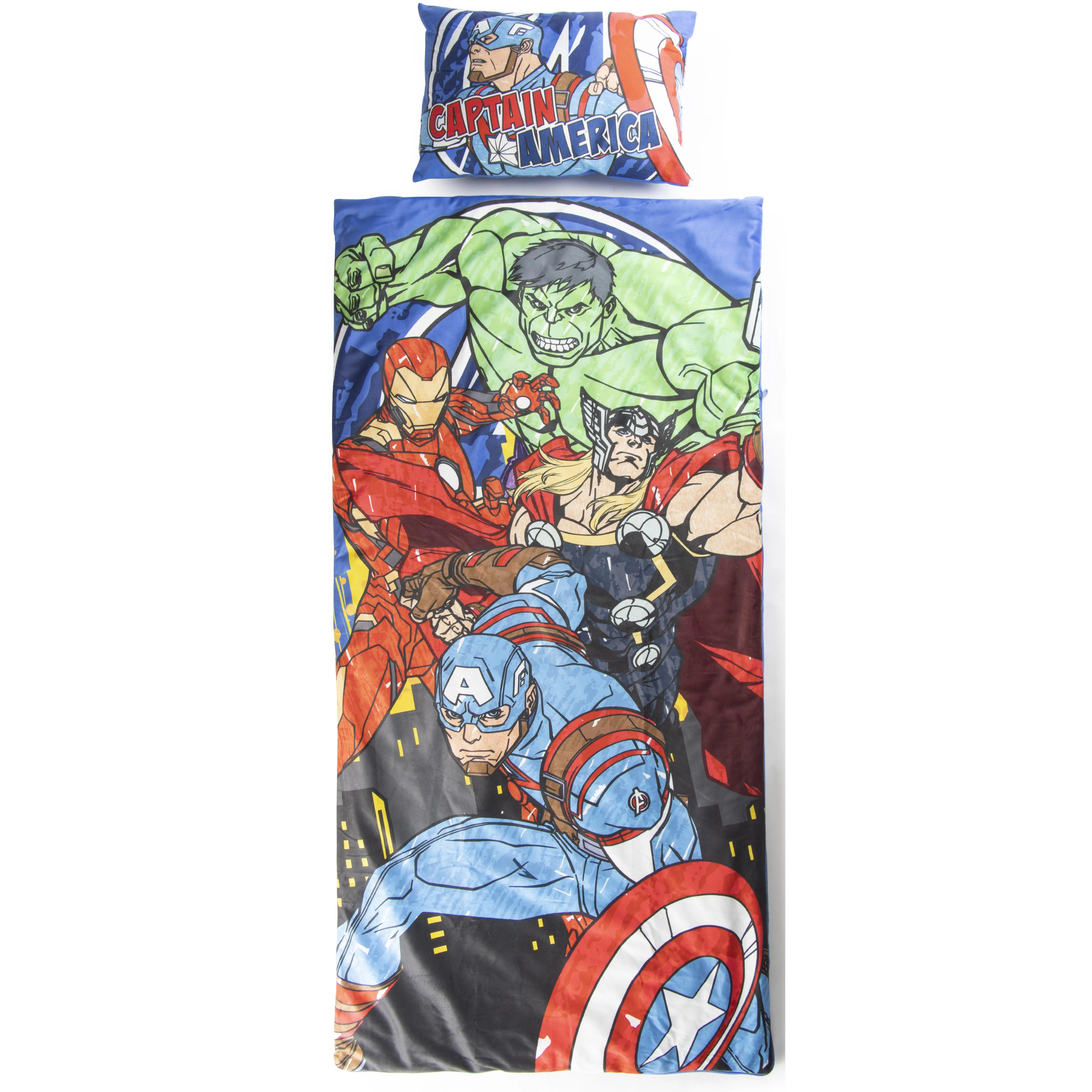 Jay Franco Superhero Theme 2-Piece Character Print Children's Sleeping Bag Set - 17"x11" & 54"x27" - for School Sleepovers, Restful Naps, Avengers Fans