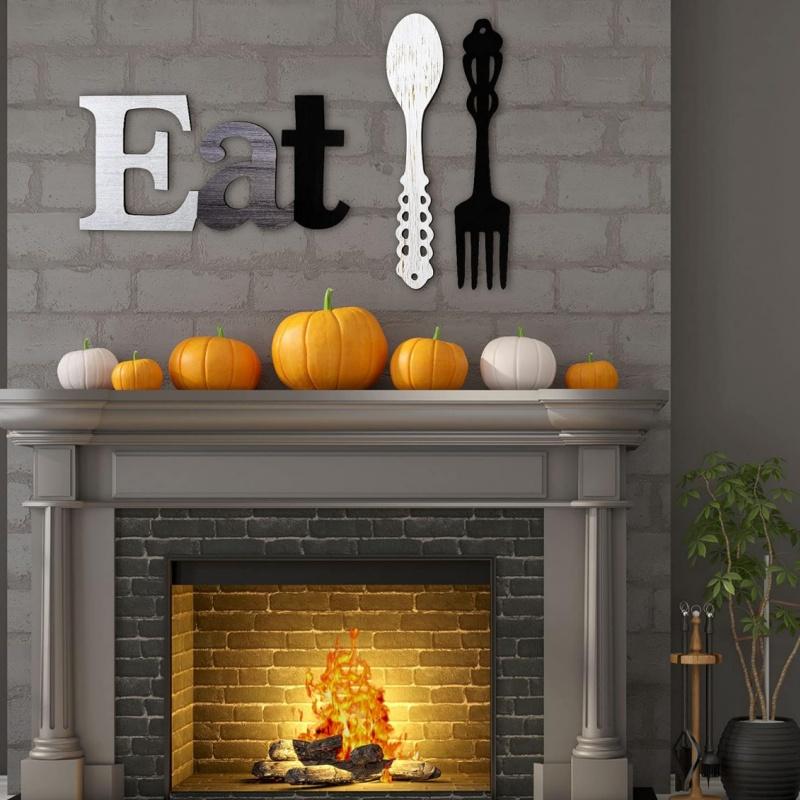3Pcs Hanging Art Set - Eat Sign, Fork and Spoon Wall Decor for Kitchen and Home Decoration Room Wood