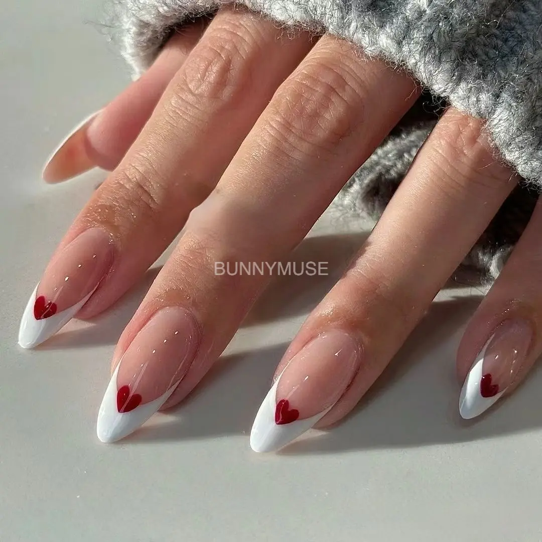 [BunnyMuse] Handmade Press on nails white french tip heart | summer nails glossy Nails Shimmery Nails Elegant Nails Cute short Nails short length nails square Nails, prom nails ,clean girl nail, vanilla girl nail, chic nail, bubblebath, funny bunny