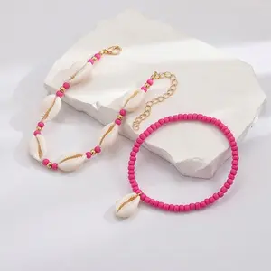 Bohemian Ocean Style Resin Shell Woven Flower Anklet, Colorful Seed Bead Ankle Bracelet, Perfect Gift for Women, Party, Vacation