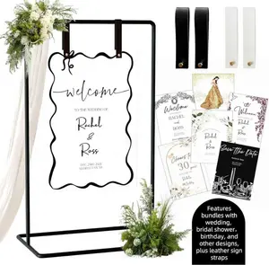 Black or Gold Wedding Sign Holder, Adjustable Welcome Sign Stand with Design Bundle & Leather Hanging Straps, Heavy Duty Easel Stand for Acrylic Signs, Wedding Seating Chart & Party Decor