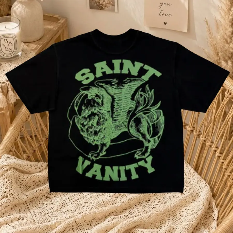 New SAINT VANITY Graphic T-Shirt, Y2K Streetwear Tee, Vintage Lion Print Cotton Short Sleeve Top, Hip Hop Casual Unisex Summer Tee, Retro Graphic Shirt For Men, Women