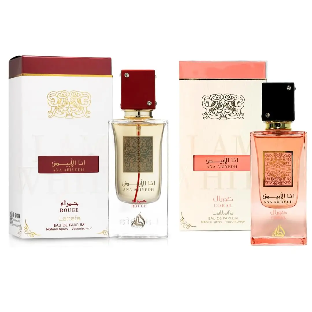 Lattafa Ana Abiyedh Rouge & Coral Eau De Parfum Bundle | 100ml x 2 (3.4 oz Each) | Long-Lasting Unisex Fragrance Set | Authentic Middle Eastern Perfumes