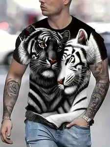 Men's 3D Tiger Print T-Shirt, Realistic Animal Design, Breathable Summer Fabric, Round Neck, Casual Slim Fit Short Sleeve Top