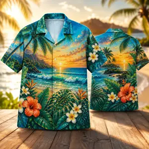 Men's Hawaiian Shirt Short Sleeve Button Down Tropical Beach Sunset Palm Tree Ocean Wave Hibiscus Floral Print, Camp Collar Vacation Resort Shirt for Men, Lightweight Casual Summer Top for Cruise Luau Pool Party Travel Holiday Island Beachwear