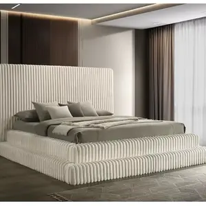 Micah Luxury Corduroy Platform Bed Frame with Tall Headboard - Modern Design for Bedroom
