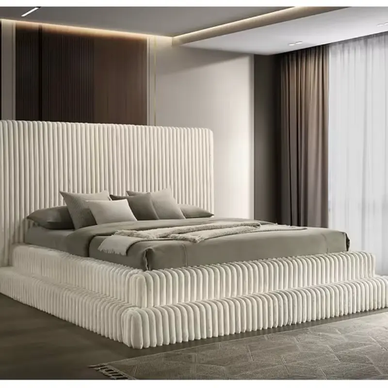 Micah Luxury Corduroy Platform Bed Frame with Tall Headboard - Modern Design for Bedroom