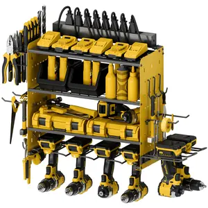 Power Tool Organizer with Charging Station, 4 Layers Garage Storage Rack with 6 Drill Holders, Father's Days Gift For Dad, Wall Mount Garage Organizer Built in 8 Outlets Power Strip, Yellow