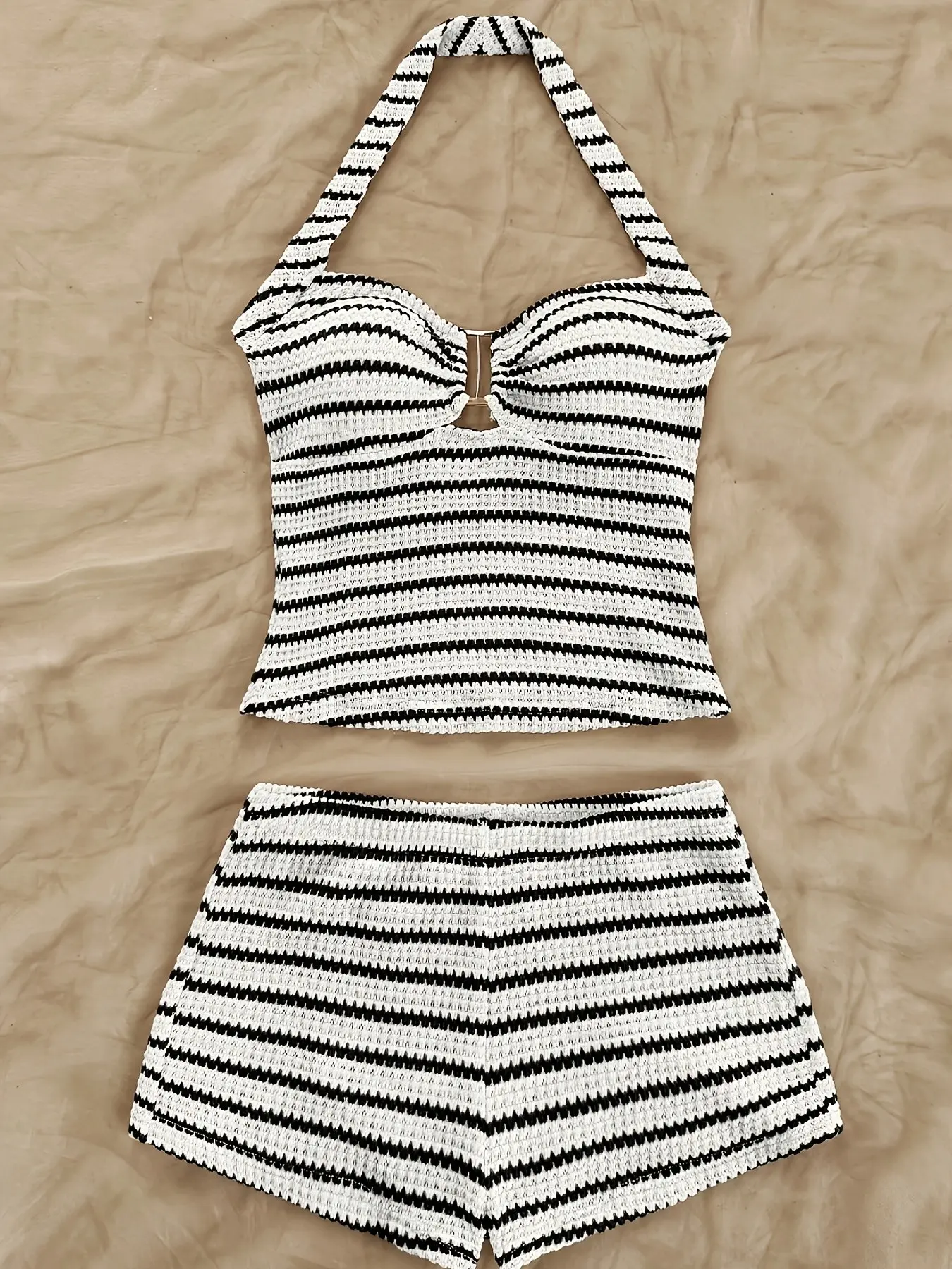 Women's 2-Piece Striped Ruffle Backless Top and Shorts Set, Matching Clothing Set, Co Ord Sets, Casual Summer, Comfortable and Stylish, Perfect for Daily Wear