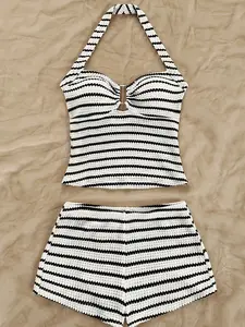 Women's 2-Piece Striped Ruffle Backless Top and Shorts Set, Matching Clothing Set, Co Ord Sets, Casual Summer, Comfortable and Stylish, Perfect for Daily Wear
