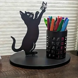 Dual-Purpose Metal Whimsical Cat Marker Pen Holder, Desk Organizer with Playful Leaping Cat Silhouette, Hexagonal Pencil Storage, Fun Desk Supplies