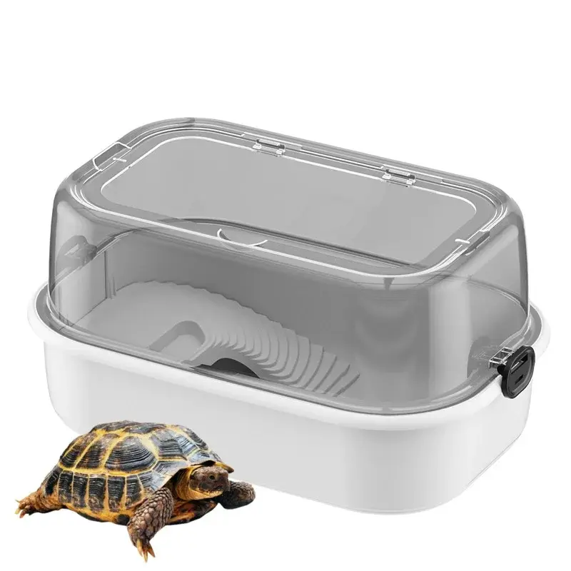 Square Eco-Automatic Reptile Terrarium Kit, 44.5*29*23cm Small Plastic Turtle Habitat Tank with Transparent Lid, Basking Lamp & Water Filter (Eco-Friendly)