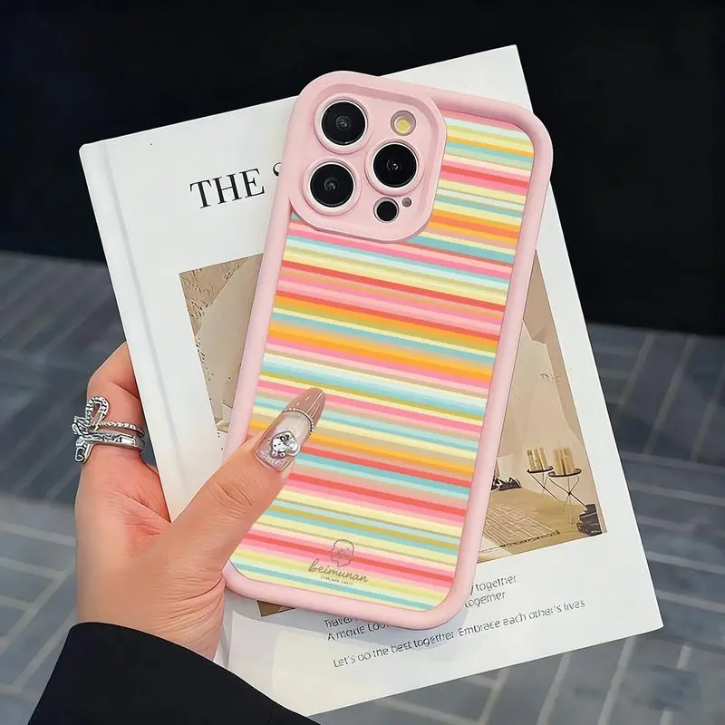 Macaron rainbow stripe pattern phone case. Compatible with iPhone 17 Pro Max/16 Pro Max/15 Plus/14/13/12/11, TPU soft case. Compatible with Galaxy S26 Ultra/S25 Plus/S24/S23, Dopamine color. Compatible with Galaxy A54/A53/A33/A15.