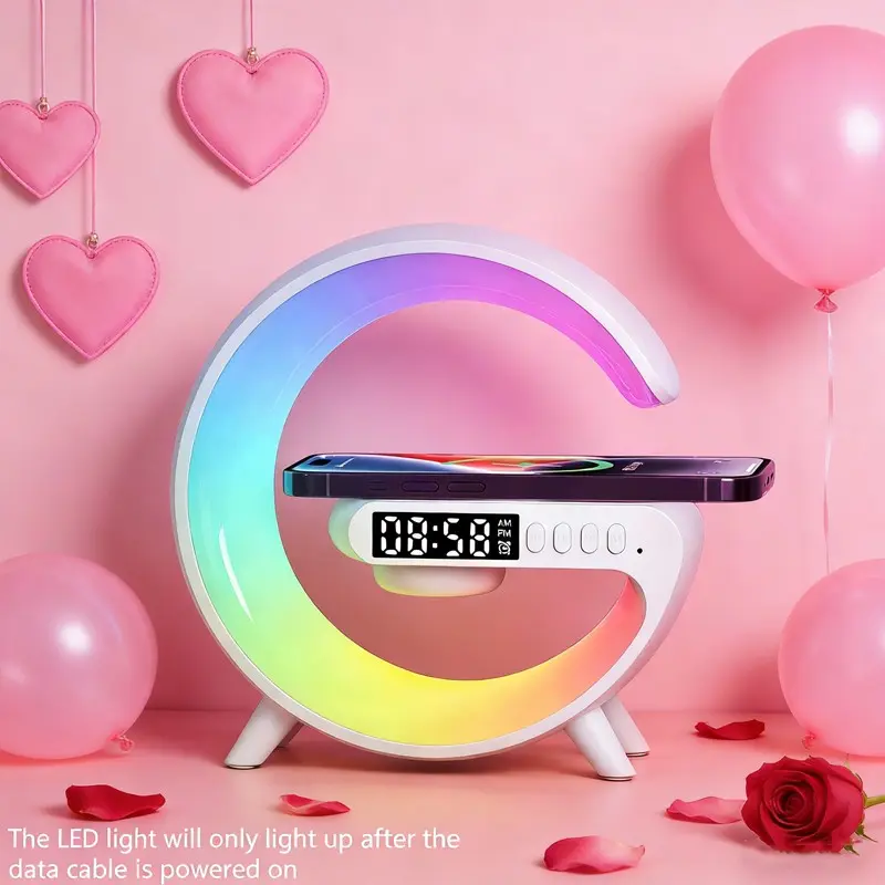 VIKEFON Wireless Charger with Speaker, RGB Night Light Lamp Modern Mood Lighting Atmosphere Light Multifunctional Wireless Speaker Alarm Clock, Multifunctional Wireless Charger Station Pad for iPhone Samsung Xiaomi Huawei