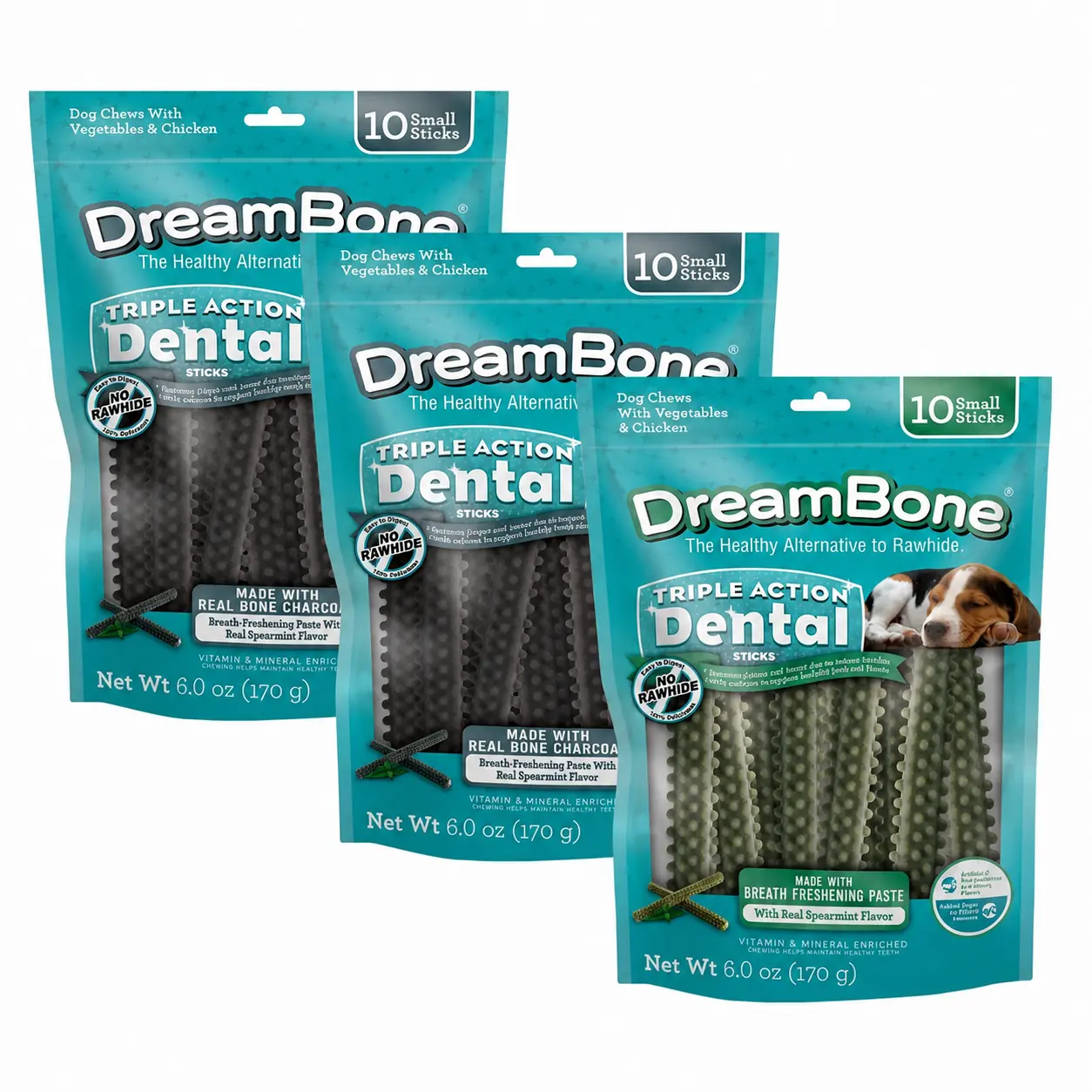 DreamBone Triple Action Dental Sticks for Small & Medium Dogs – 3-Pack Bundle with 2 Charcoal Packs & 1 Kelp Pack, 10 Chews per Pack
