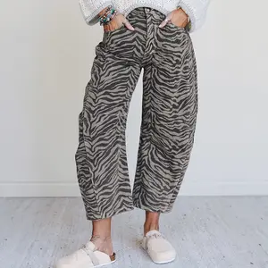 Women's Gray Zebra Stripe Print Wide Leg Barrel Denim Jeans Casual Streetwear Pants