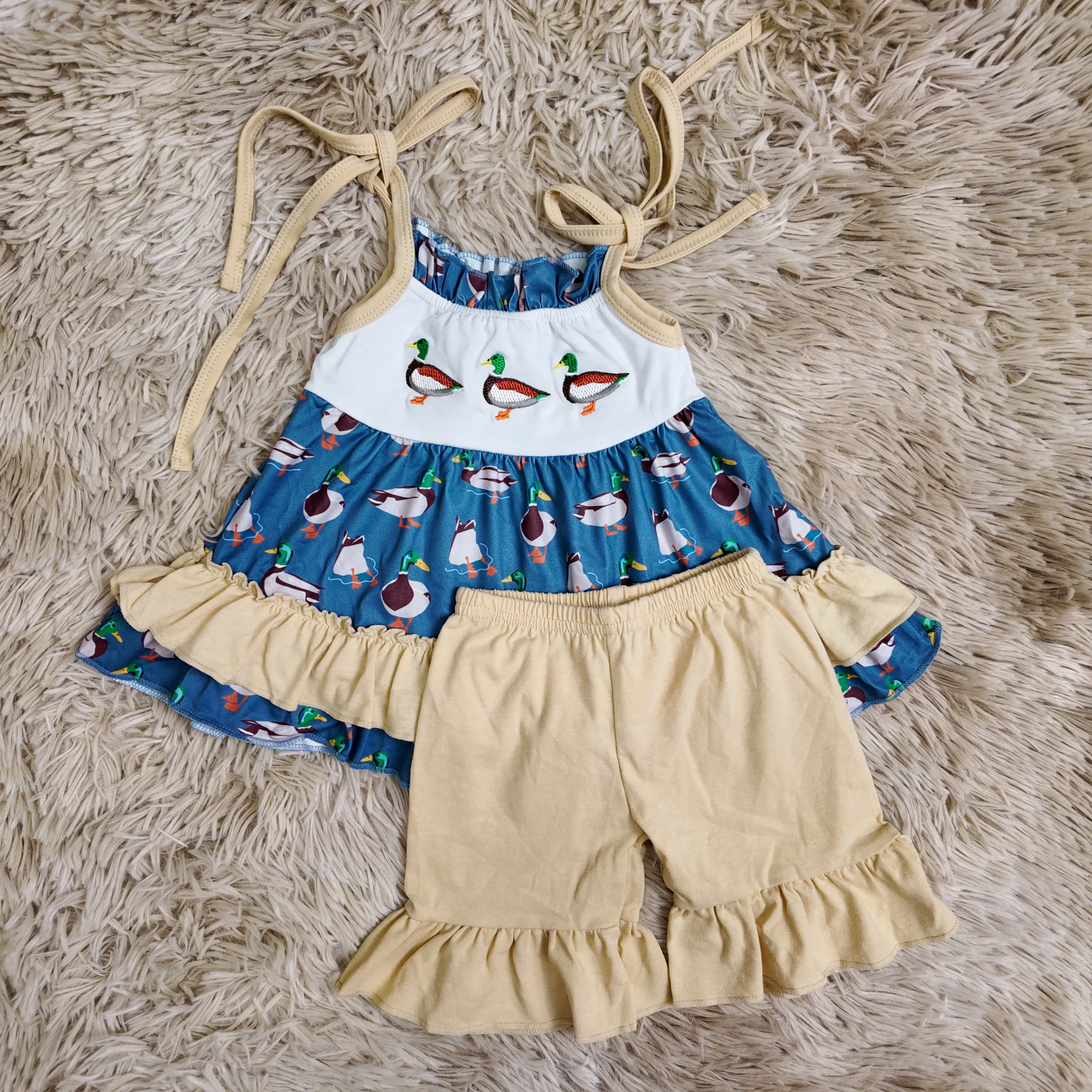 Girls' 2-Piece Matching Outfit Set, Boutique Ruffle Tunic Top with Duck Embroidery and Comfy Cotton Shorts