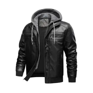 INVACHI Men's PU Leather Hooded Jacket Casual Motorcycle Bomber Jacket Outerwear with Double Zippers