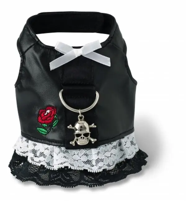 Doggles HADBXX01 XXS Dog Dress Harness - Bike Harness with Rose Tattoo, Edge Look, Heavy Stitch, Secure Closure, Black, Skull Charm