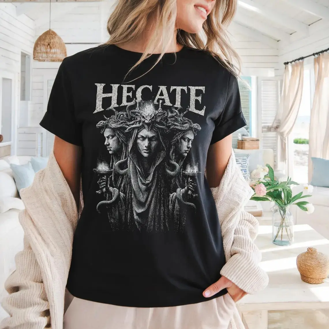Gothic Triple Form Snake Hecate Antique Torch Graphic Short Sleeve T-Shirt, Womens Dark Mystical Casual Summer Tops, 100% Pure Cotton Printed Craft Summervibes Tee, Relaxed Soft Regular Fit Daily Outfits