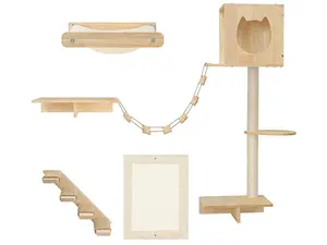 HOOBRO Wood Cat Wall Shelves, Set of 5 Cat Wall Furniture, Cat Corridor, Cat House, Cat Plush Hammock, Scratching Board and Cat Climbing Shelves, Sturdy, Durable and Safe, Natural