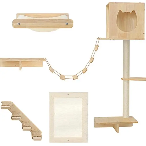 HOOBRO Smooth Burr-Free Wood Cat Wall Shelves (Set of 5) - Sturdy, Durable, Safe Pet Furniture with Scratcher Board, Sisal Posts, Vertical Scratcher, Soft Plush Hammock, 22lb Capacity, Climb-Corridor Fun, Easy Installation, Solid Wall Screws, Space Saver