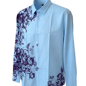 Blue & Black Vintage Graphic Shirt Men’s Large Aesthetic Renaissance Print Top Menswear T-Shirt Streetwear Casual Long Sleeve