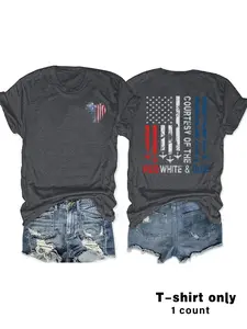 Women's American Flag Heart Print Round Neck Valentine's Day Tee, Casual Vacation Short Sleeve Top, Soft Fabric Daily Comfort, Fitted, Womenswear