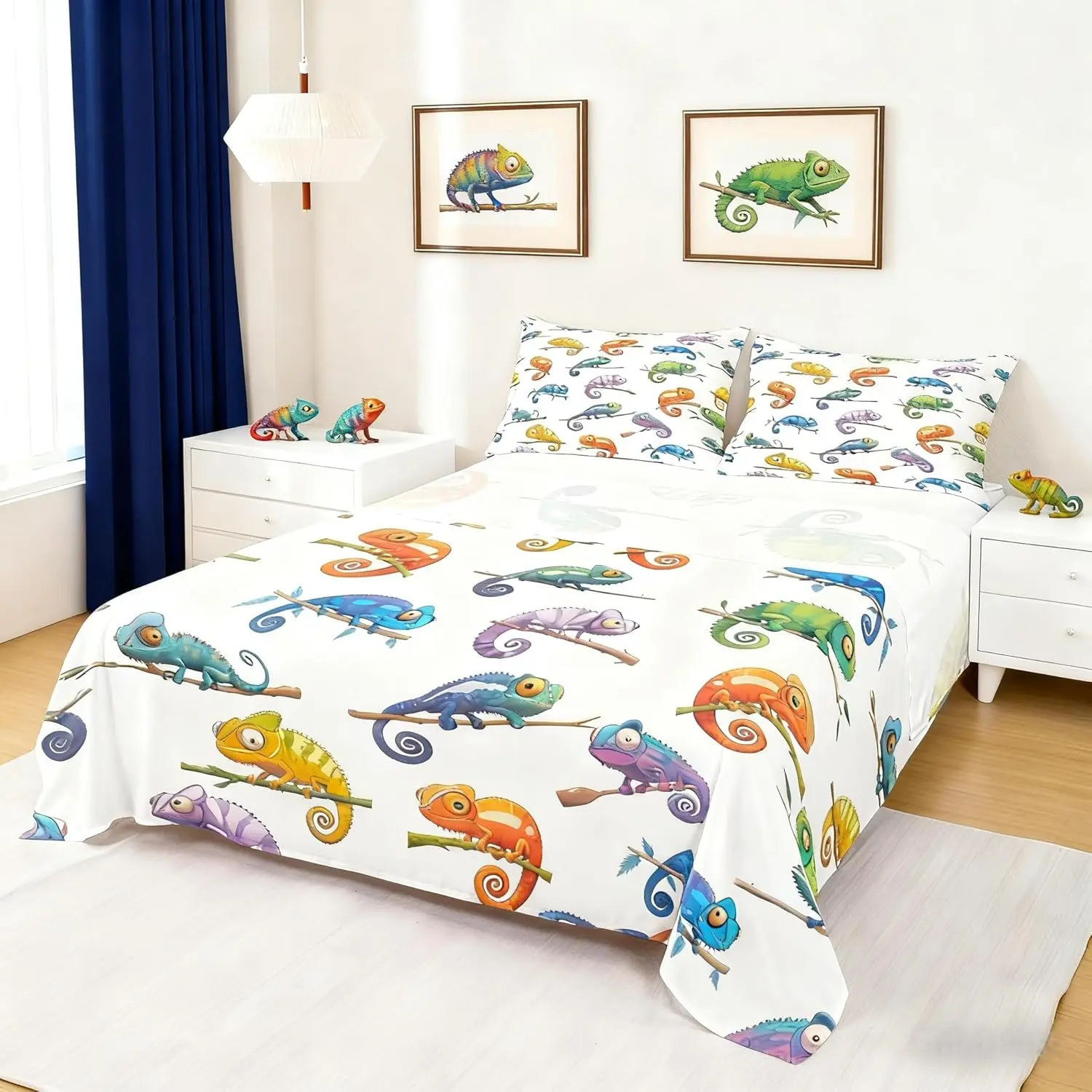 Cute Chameleon Bed Sheet Set Watercolor Rainforest Animal Sheets Set,Reptile Pet Wildlife Lover Home Decor Sheet Sets Deep Pocket,Top Flat Sheet,