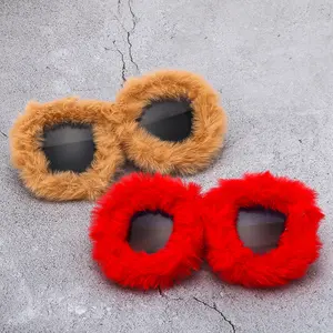 Novelty Fluffy Sunglasses Fur Trimmed Round Glasses for Raves Festivals and Streetwear