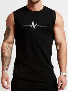 Men's Heartbeat Print Round Neck Tank Top, Athletic Tank Tops, Regular Fit Casual EKG Graphic Sleeveless Top for Summer, Men's Top for Daily Wear, Socks